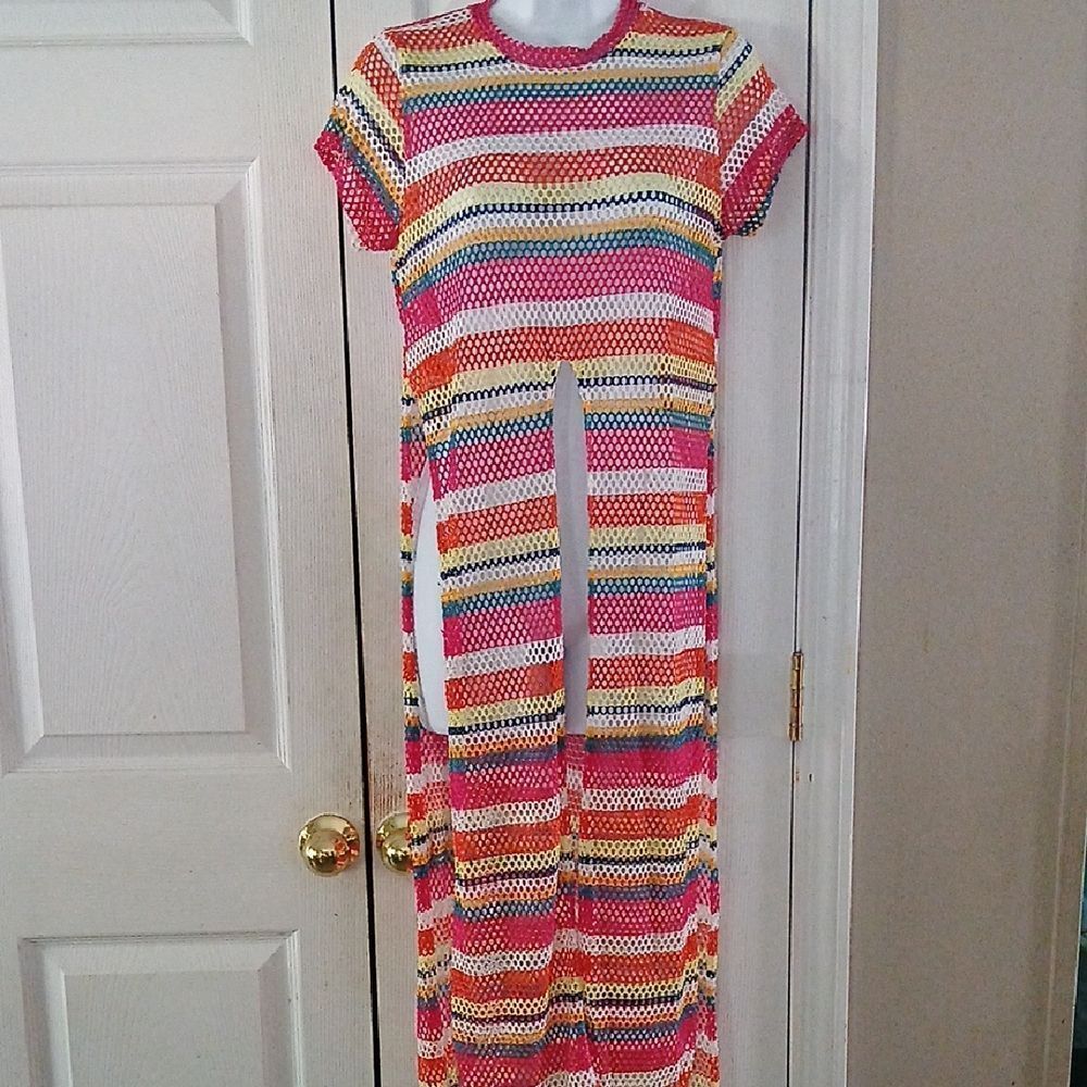 OBJEX fishnet coverup slitted dress Sz L NWOT